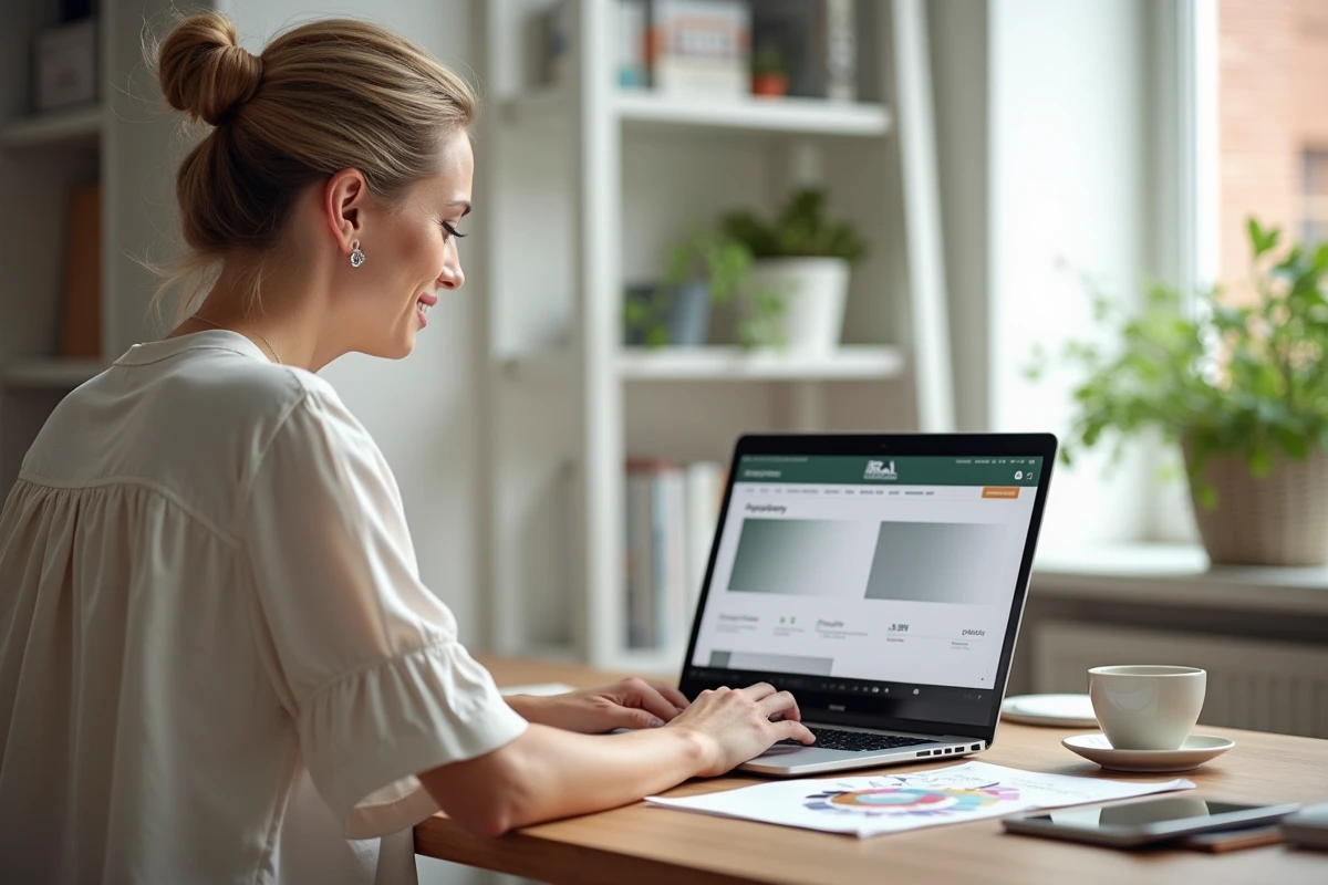 Femme consultant un site de vente en ligne de peinture RAL 9006 sur ordinateur portable avec une palette de couleurs RAL ouverte sur son bureau