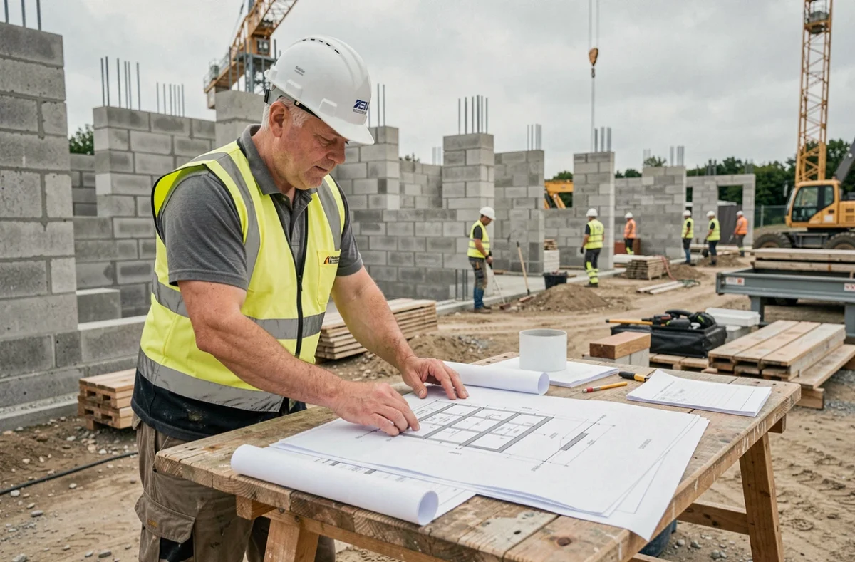 Chef de chantier d'Acrobat entreprise de bâtiment consultant des plans architecturaux sur un grand chantier de construction en Seine-et-Marne