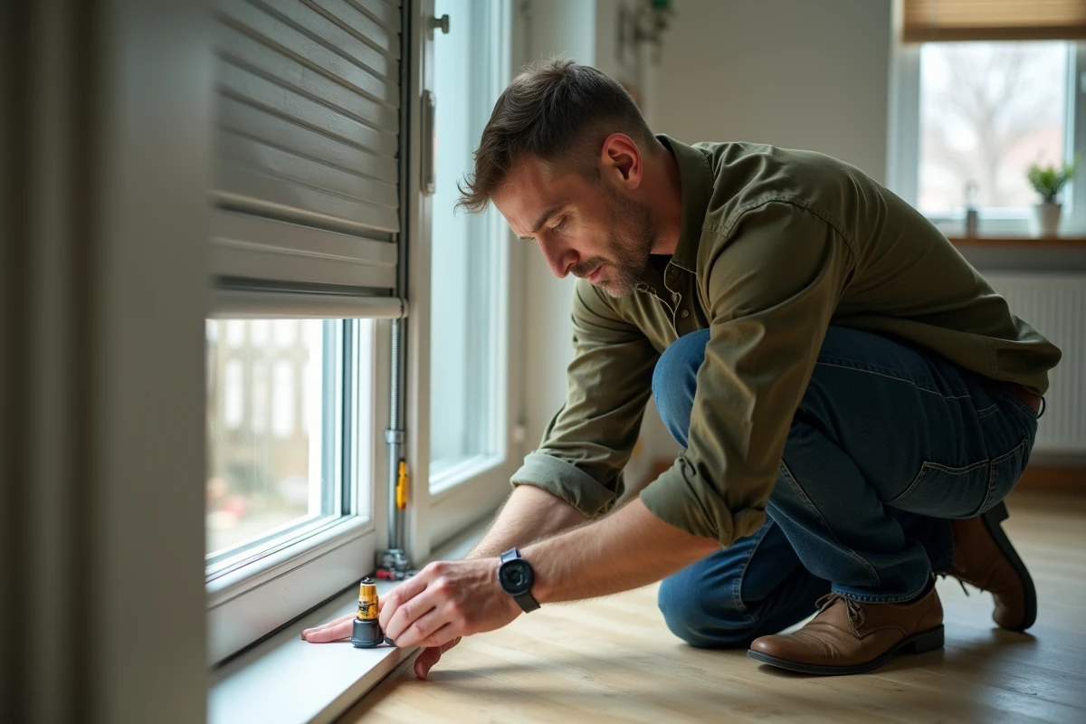 Agent immobilier inspectant un volet roulant dans un appartement