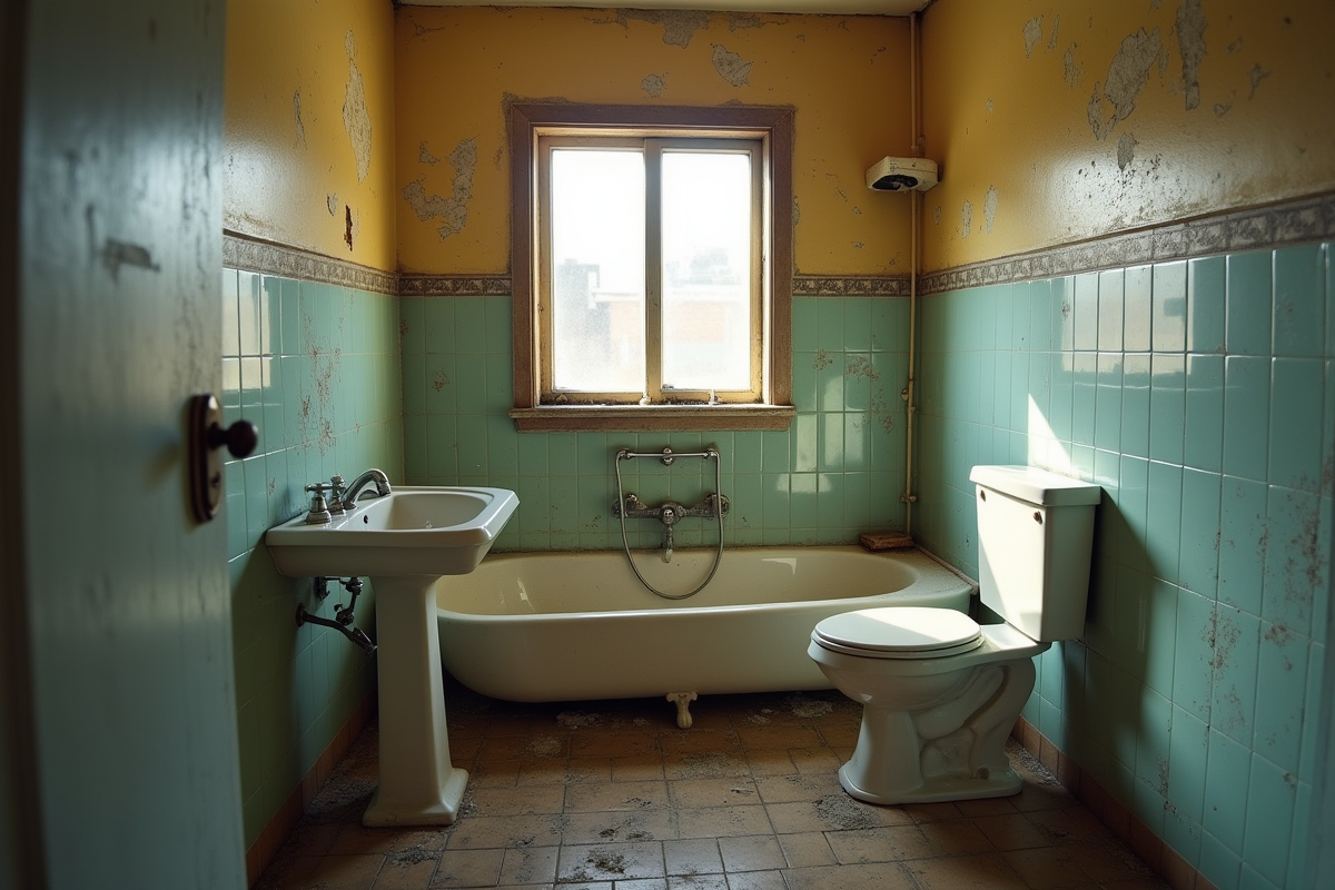 Petite salle de bain ancienne avec baignoire usée et peinture fanée