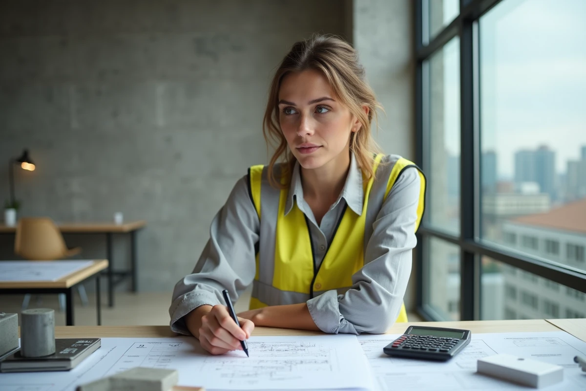 Jeune architecte regardant des &eacute;chantillons de b&eacute;ton en int&eacute;rieur
