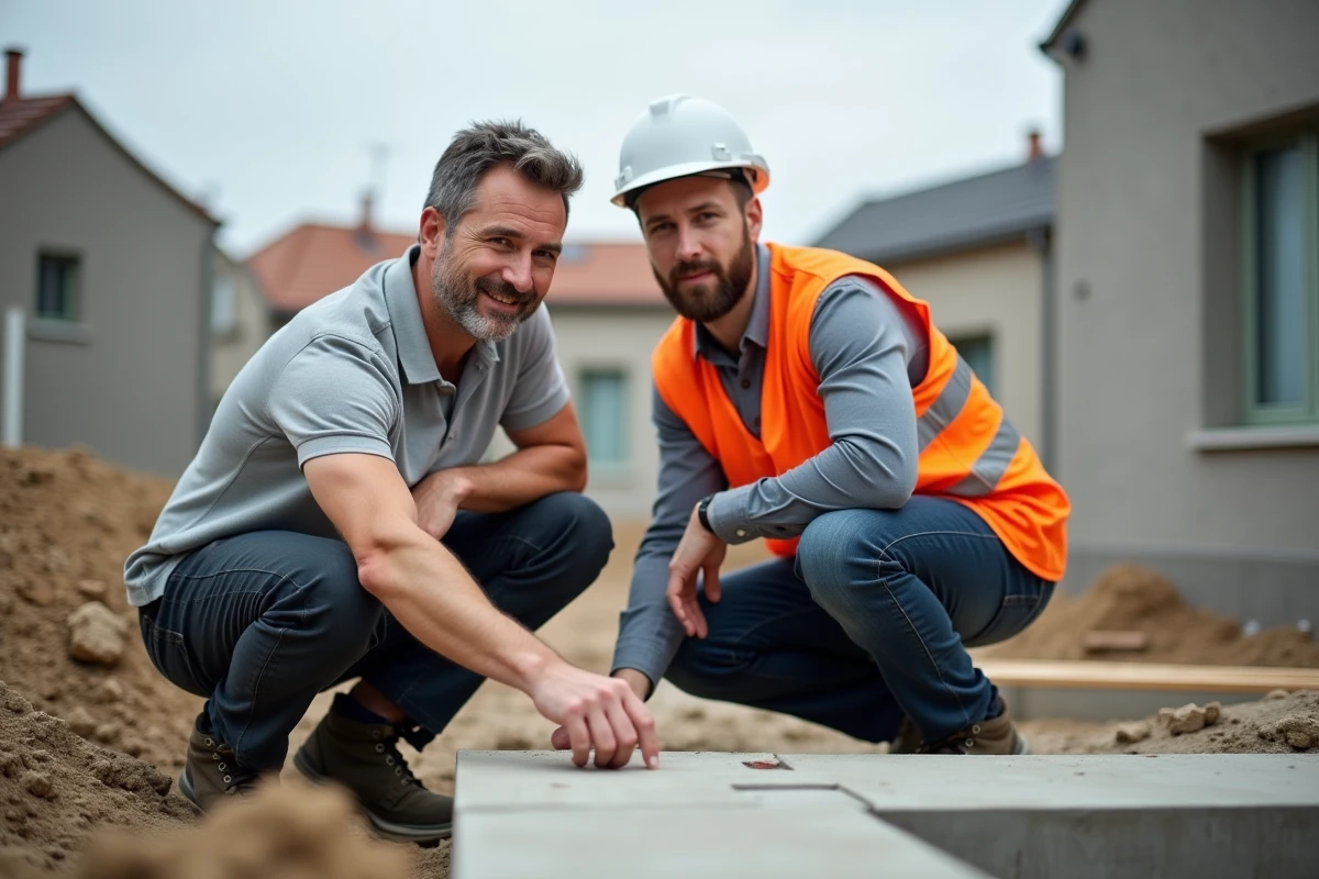 Architecte et chef de chantier inspectant les fondations d'une maison en cours de construction dans le Nord de la France