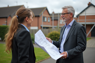 Architecte avec plans devant maison en banlieue