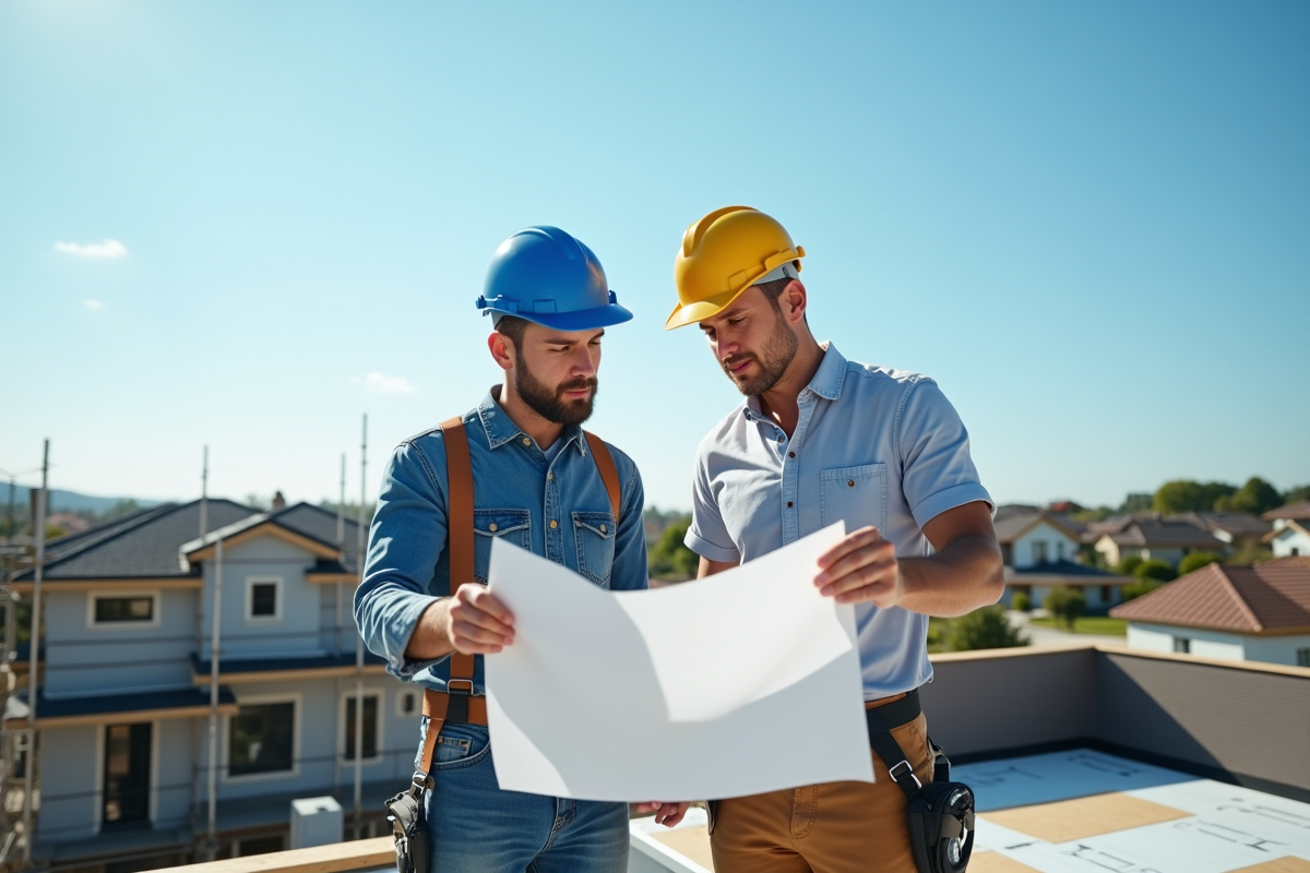 Architecte et propriétaire examinant des plans devant une maison