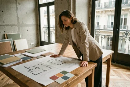 Architecte d'intérieur féminine à Lyon consultant des plans de rénovation dans un studio contemporain avec parquet en chêne et murs en béton