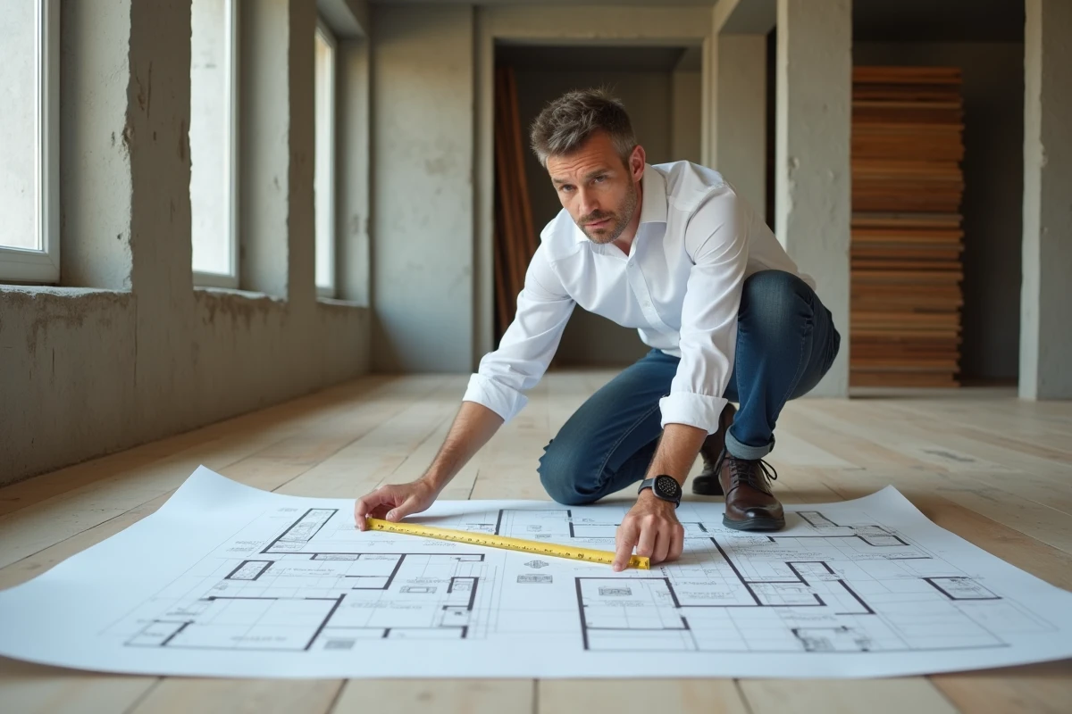 Architecte mesurant au mètre linéaire un plan de sol dans un appartement en rénovation