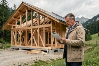 Architecte consultant un permis de construire devant un chalet en bois en cours de construction en montagne
