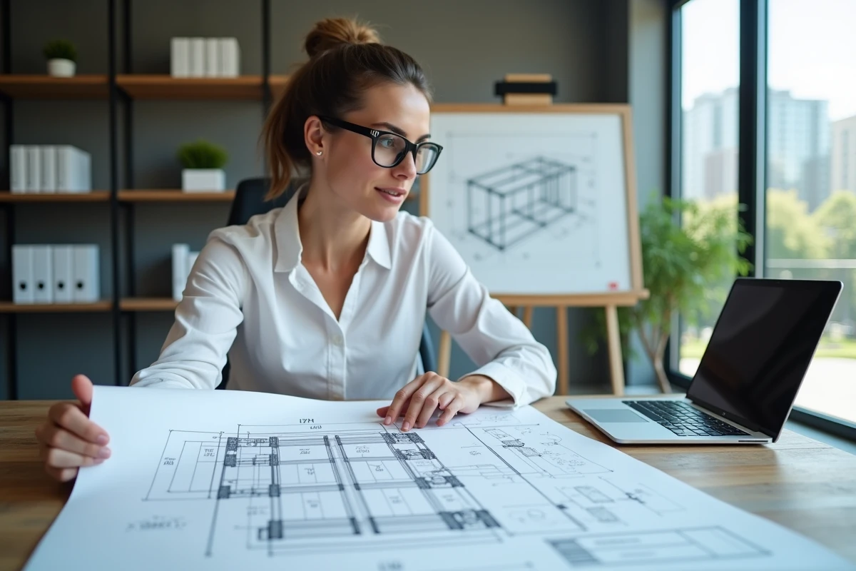 Architecte analysant un plan technique avec les dimensions et charges admissibles de profilés IPN dans un bureau d'études