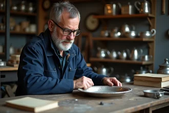 Artisan français inspectant un plateau en argent