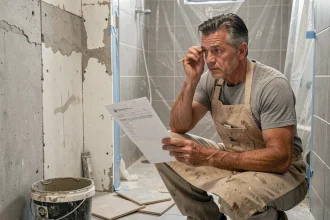 Artisan en plomberie étudiant un devis de rénovation salle de bain avec expression dubitative, travaux en cours visibles en arrière-plan