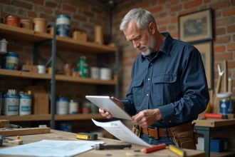 Artisan masculin consultant une FAQ sur tablette dans son atelier de travaux avec outils et plans
