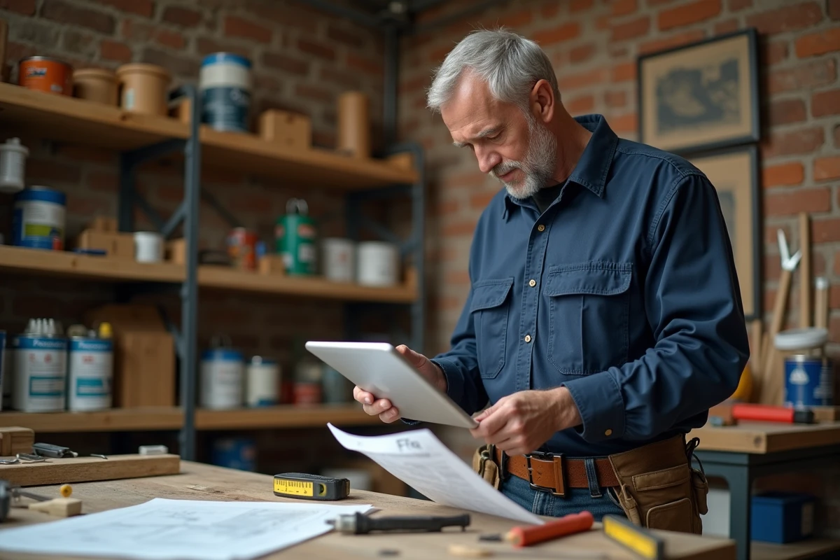 Artisan masculin consultant une FAQ sur tablette dans son atelier de travaux avec outils et plans
