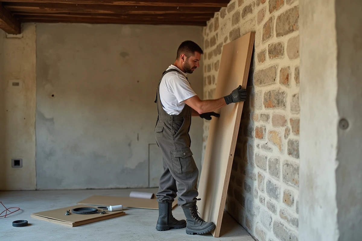 Artisan appliquant des panneaux d'isolation sur un mur ancien