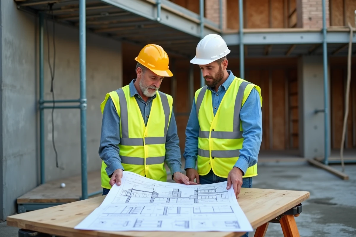 Artisan et propriétaire consultant des plans de rénovation sur un chantier extérieur