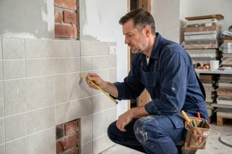 Artisan en combinaison bleue inspectant un mur en cours de rénovation dans une cuisine à Strasbourg