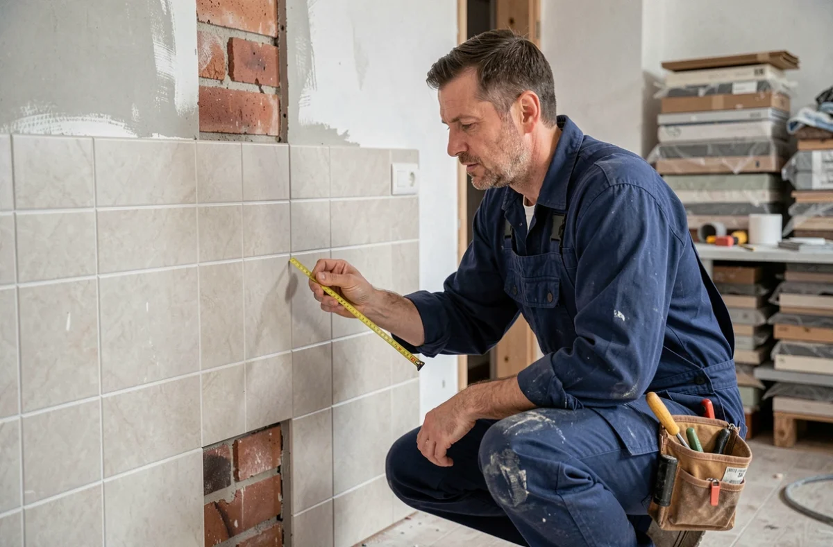 Artisan en combinaison bleue inspectant un mur en cours de rénovation dans une cuisine à Strasbourg