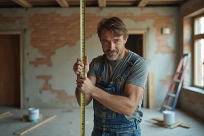 Artisan bricoleur mesurant un mur dans une pièce en cours de rénovation avec outils de chantier