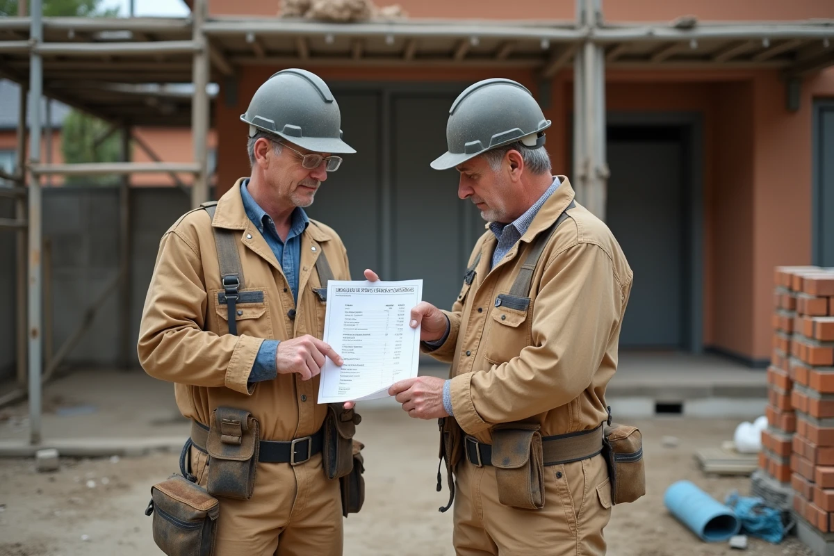 Deux artisans sur un chantier de rénovation résidentielle discutant d'un devis de travaux en extérieur
