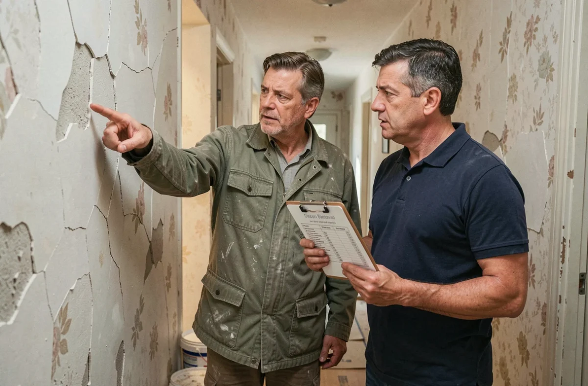 Deux artisans discutant d'un devis de rénovation devant un mur fissuré dans un couloir d'appartement en travaux