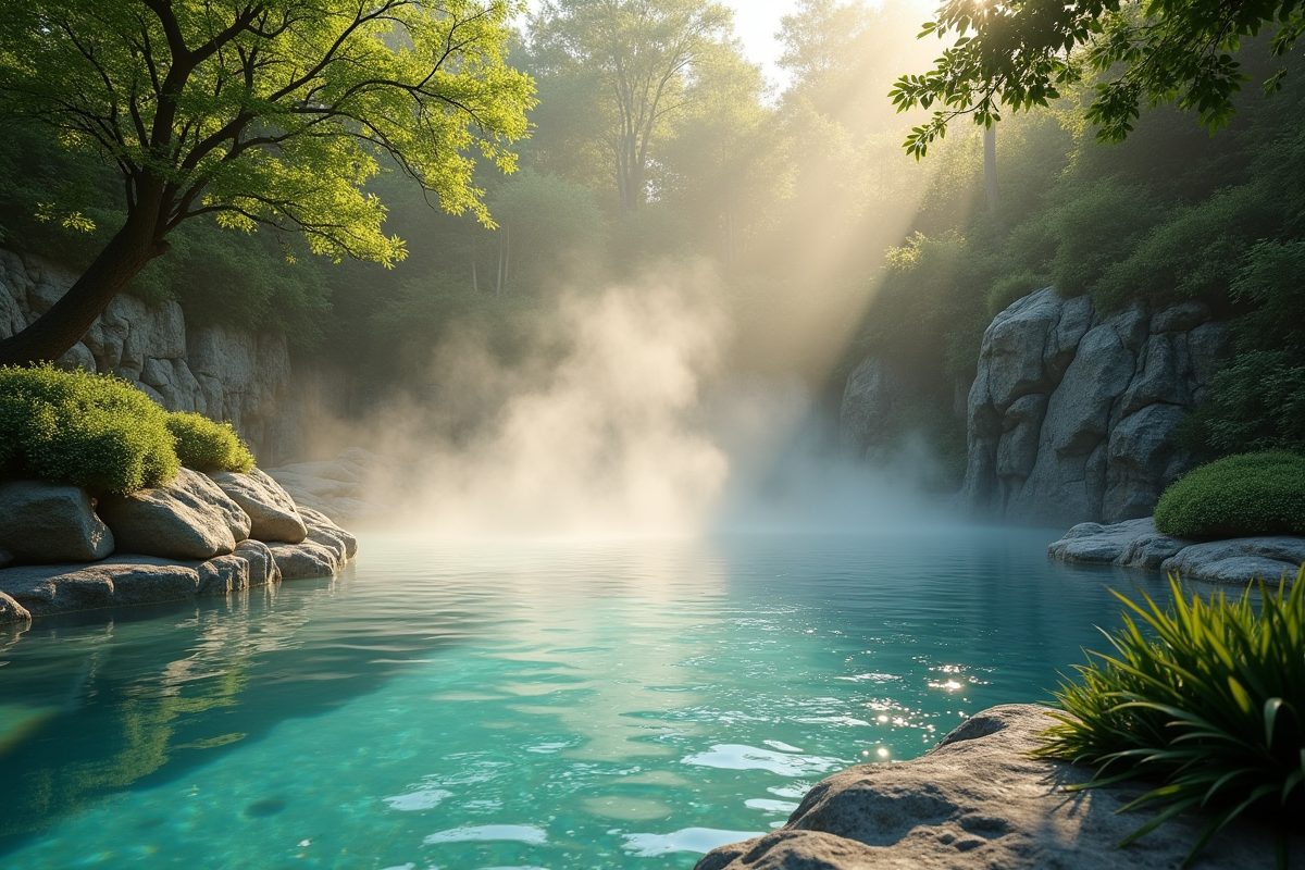 Bassin naturel entouré de pierres et de plantes au matin