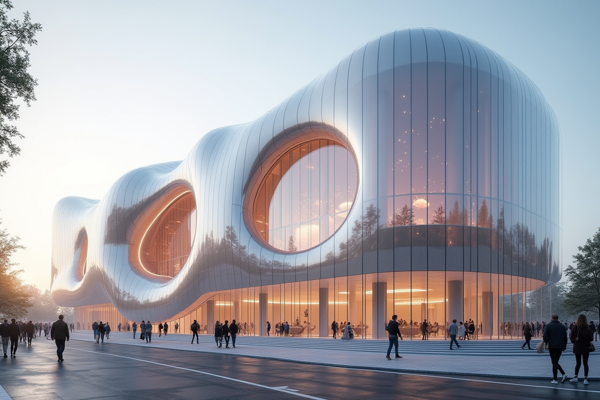 Bâtiment futuriste avec façades en graphene translucide et reflets du soleil