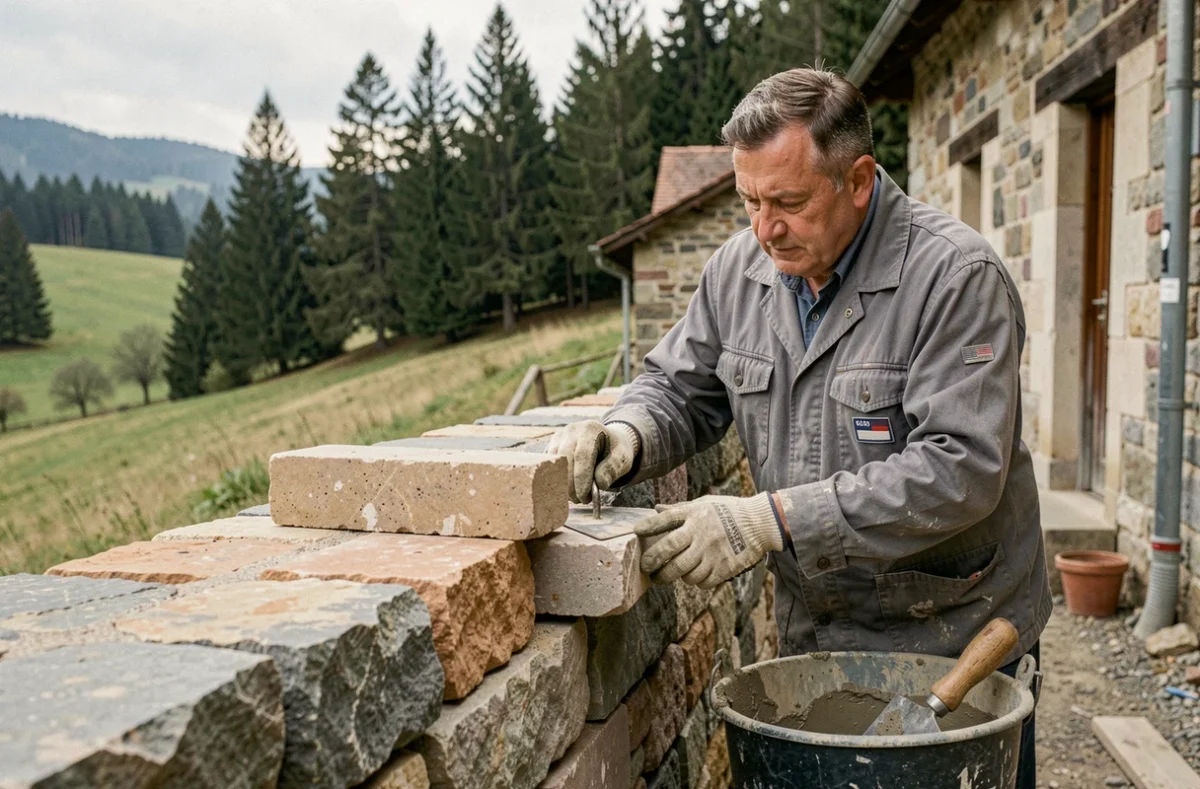 Maçon de BILON-COLIN posant des pierres de taille sur la façade d'une maison vosgienne traditionnelle