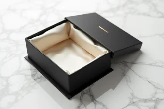 Boîte cadeau vide personnalisée avec logo doré en relief sur fond marbre blanc, effet premium pour entreprise
