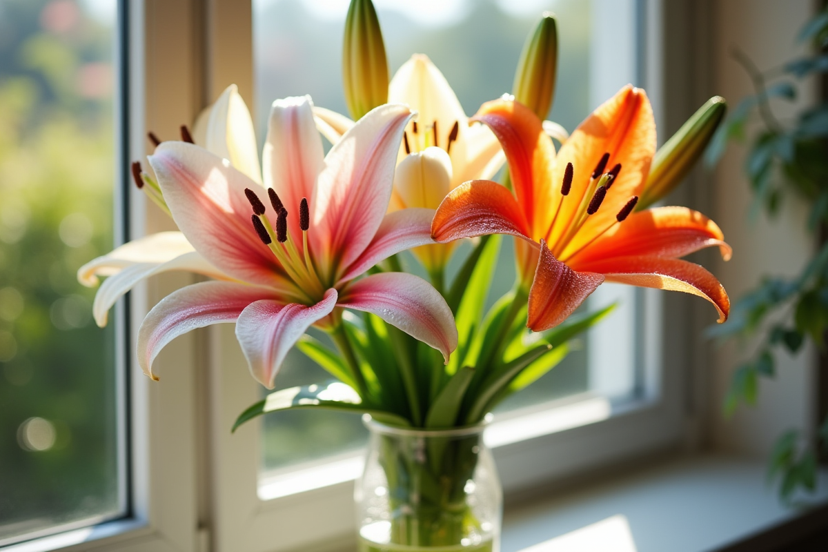 Bouquet de lys de Pâques dans un vase en lumière naturelle