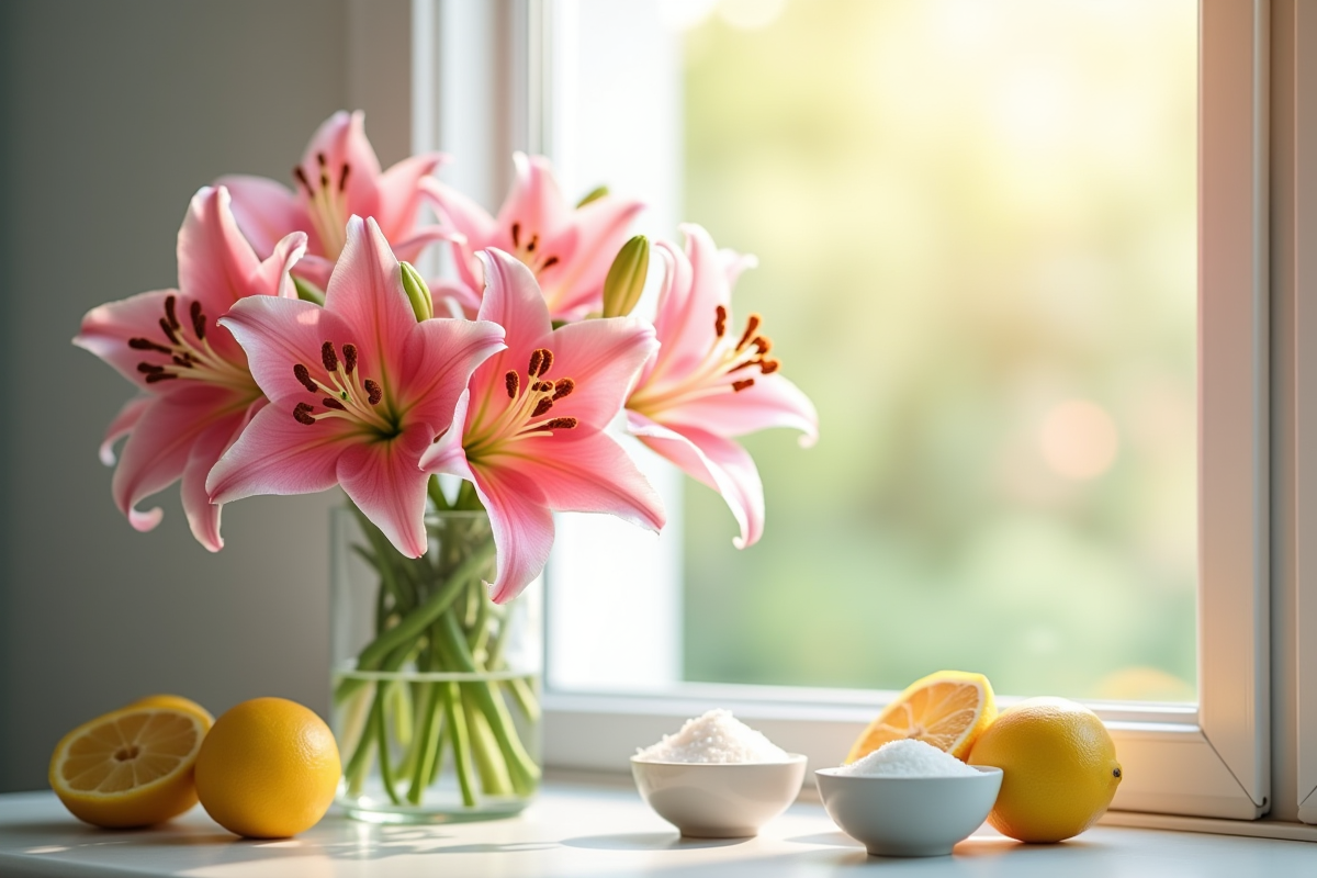 Bouquet de lys roses près d une fenêtre ensoleillée dans une pièce propre