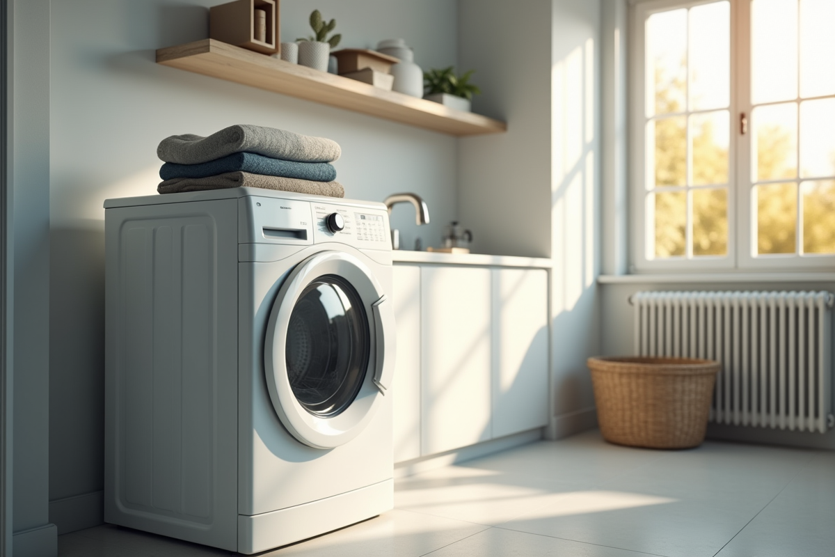 Buanderie moderne avec sèche-linge et linge propre