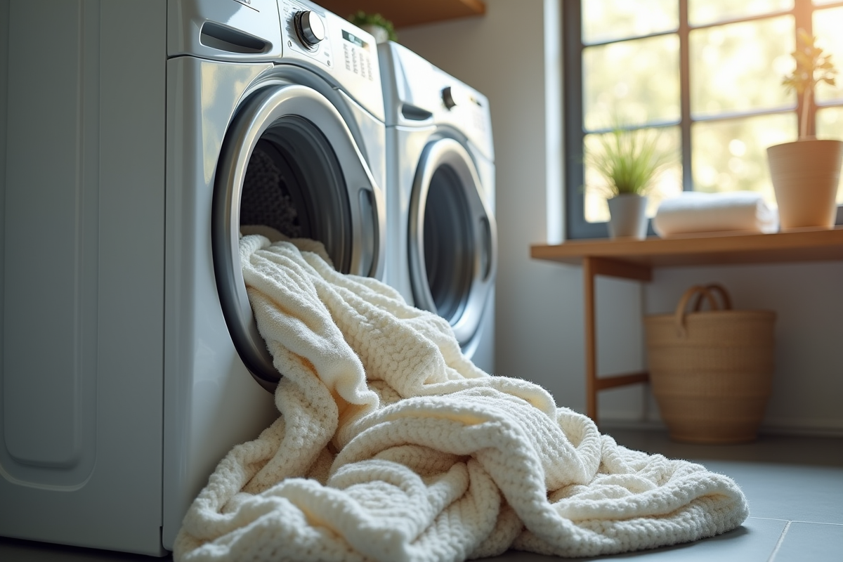 Buanderie moderne avec sèche-linge ouvert et vêtements secs