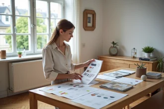 Femme consultant un budget de décoration intérieure avec des échantillons de tissu et une feuille de prix dans un appartement parisien