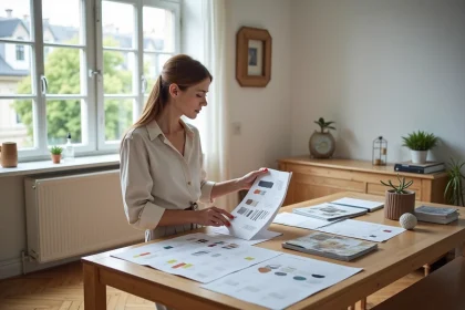 Femme consultant un budget de décoration intérieure avec des échantillons de tissu et une feuille de prix dans un appartement parisien