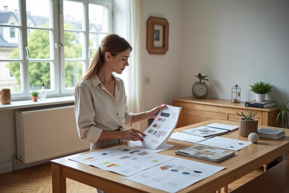 Femme consultant un budget de décoration intérieure avec des échantillons de tissu et une feuille de prix dans un appartement parisien