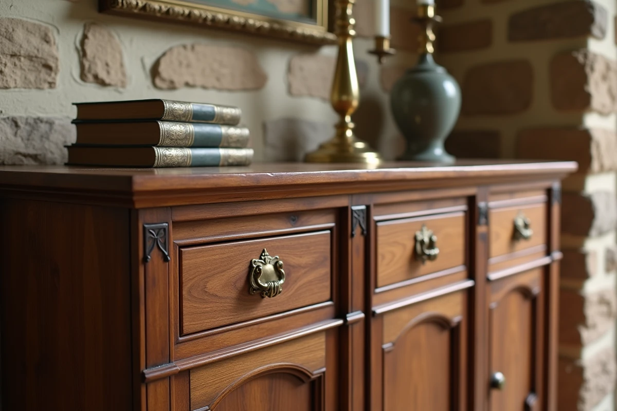 Buffet ancien en noyer avec quincaillerie laiton dans une entrée maison de campagne rénovée