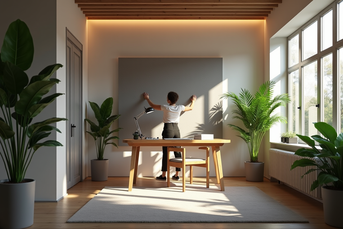 Bureau à la maison avec panneau acoustique et plantes