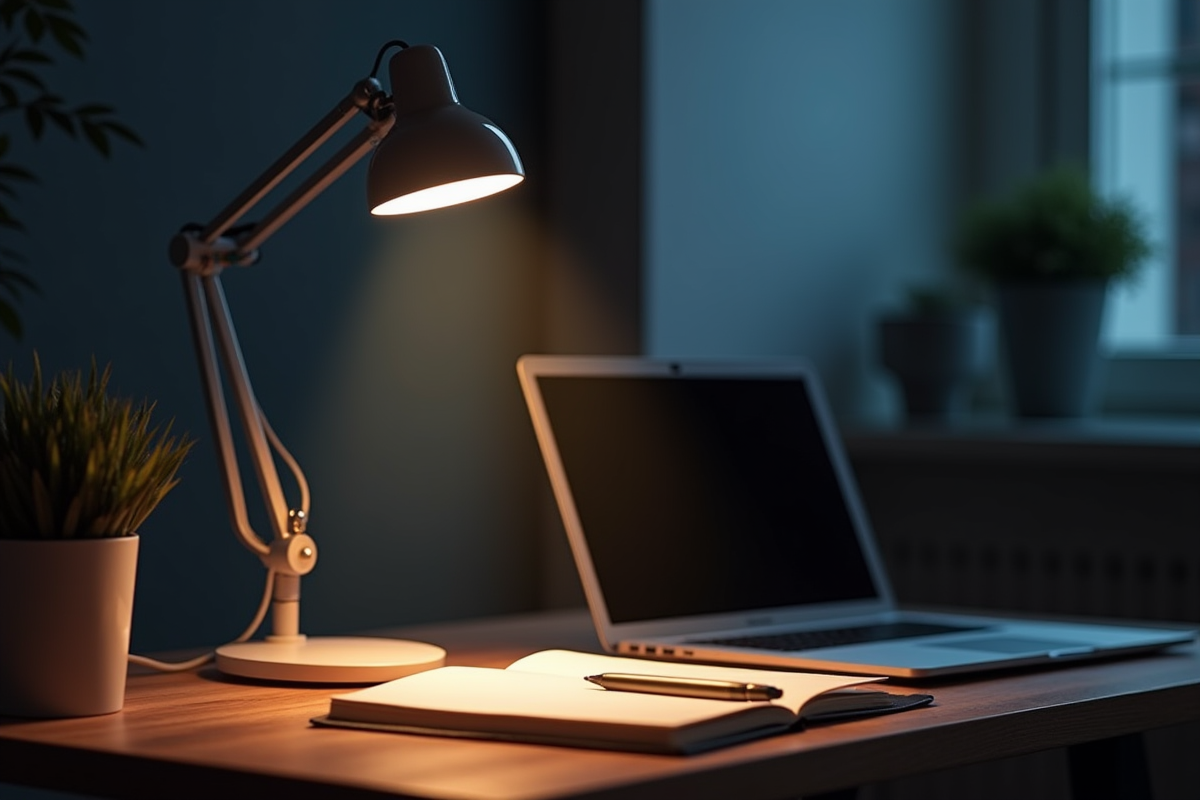 Espace de travail avec lampe de bureau et éclairage contrasté