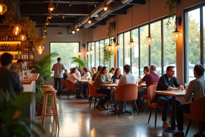 Café moderne animé avec lumières chaudes et plantes vertes
