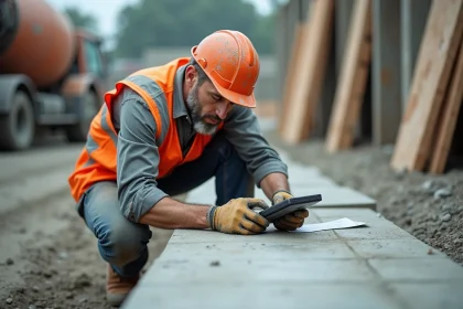 Ouvrier de chantier calculant le volume de béton nécessaire sur un plan de construction en extérieur
