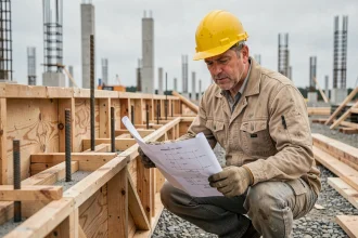 Ingénieur de chantier calculant les volumes de béton devant un coffrage en bois complexe sur un site de construction urbain