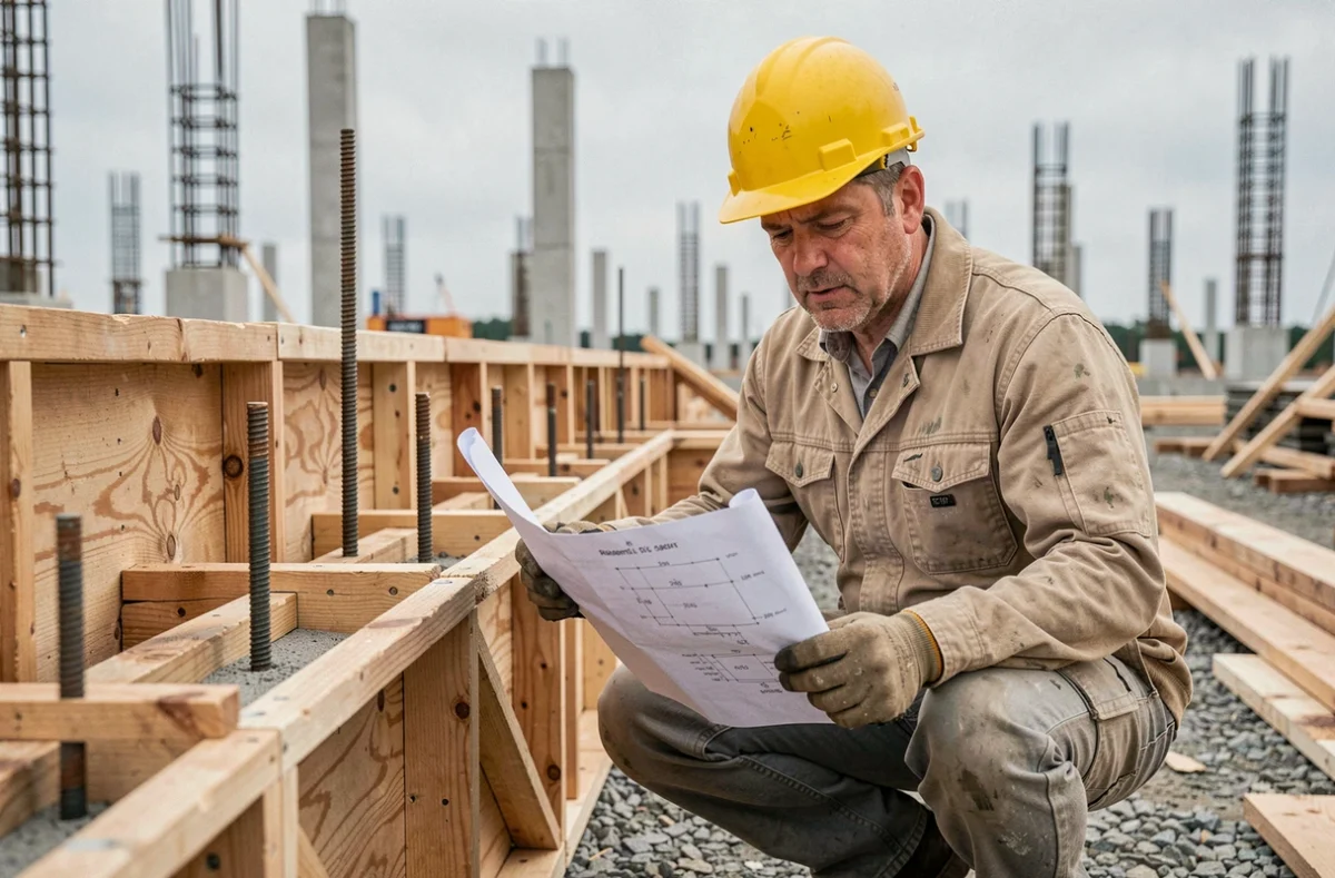 Ingénieur de chantier calculant les volumes de béton devant un coffrage en bois complexe sur un site de construction urbain