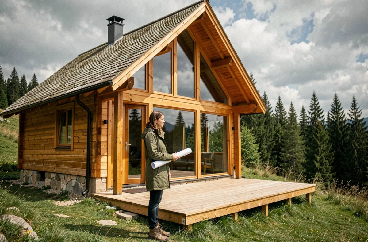 Femme tenant un plan architectural devant un chalet habitable en bois avec terrasse et grandes fenêtres