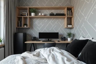 Chambre gaming décorée en noir et blanc avec bureau gaming, plantes et étagères en bois pour éviter l'effet bunker