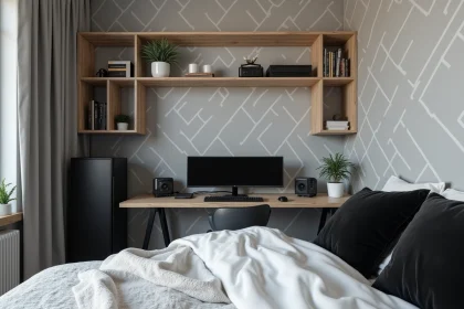 Chambre gaming décorée en noir et blanc avec bureau gaming, plantes et étagères en bois pour éviter l'effet bunker