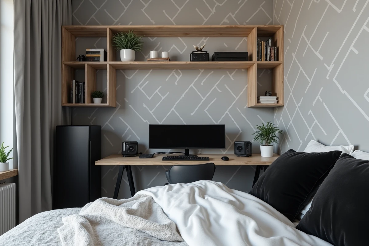 Chambre gaming décorée en noir et blanc avec bureau gaming, plantes et étagères en bois pour éviter l'effet bunker