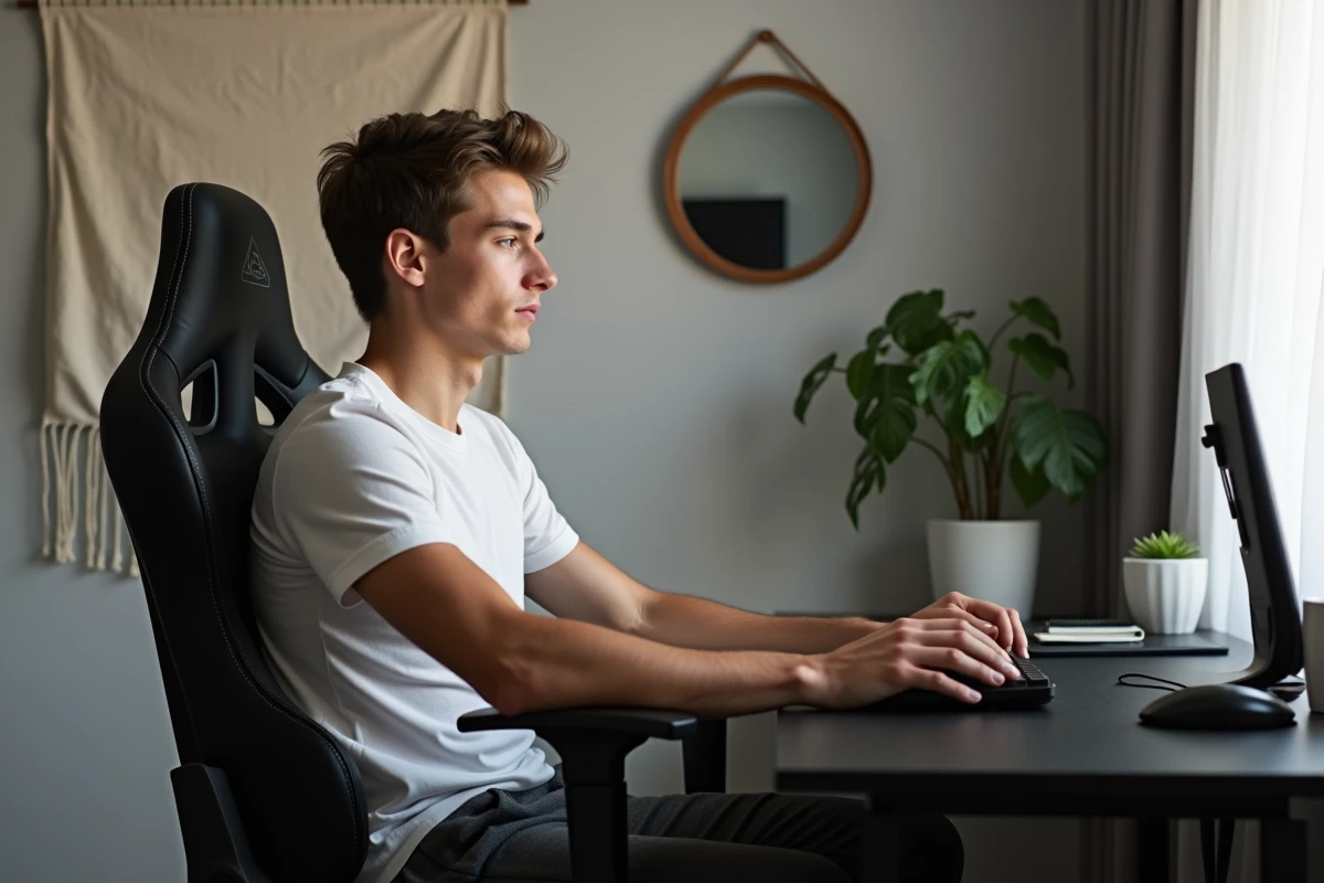 Jeune homme dans une chambre gaming noir et blanc avec décoration textile pour adoucir l'ambiance