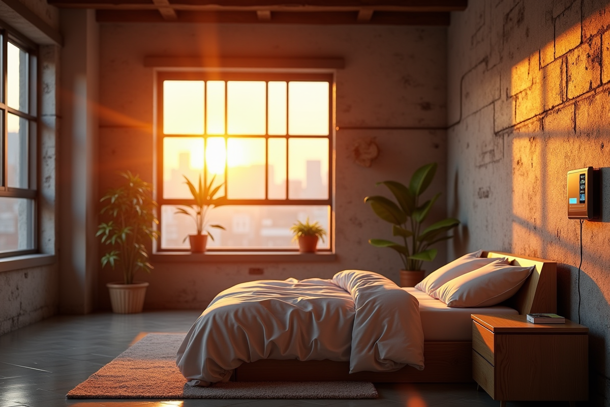 Chambre loft industrielle avec panneau de contrôle climatique