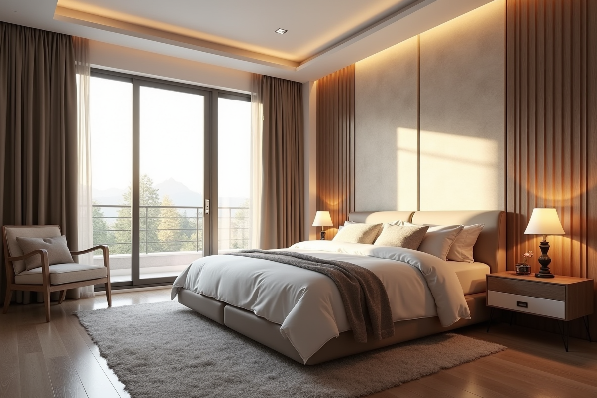 Chambre moderne et chaleureuse avec lumière naturelle