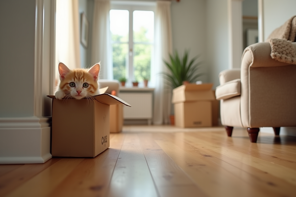 Chaton orange regardant depuis une boîte dans un couloir en cours d