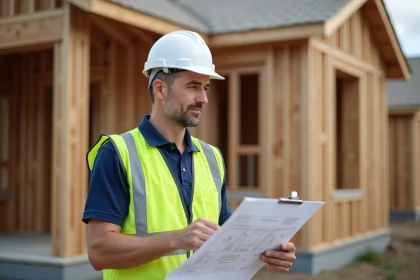 Chef de chantier Eco Habitat Energie vérifiant les plans sur un chantier de construction écologique